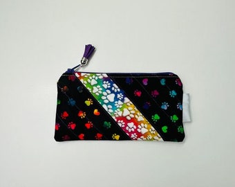 Rainbow Paw Prints Quilted Zipper Pouch with Accent Stripe