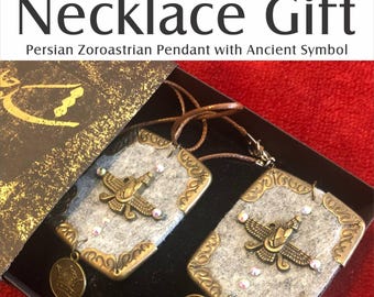 Faravahar Necklace: Handmade Felt & Bronze Persian Amulet