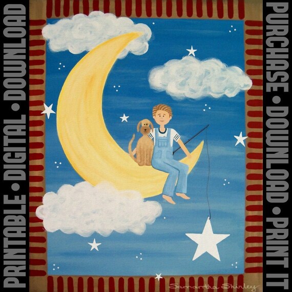 Kids Wall Art PRINTABLE (DIY) - Boy w/ Dog Star Fishing on Moon Boys Room Kid Art Prints - Baby Nursery, Child Teen & Home Decor by 2LW