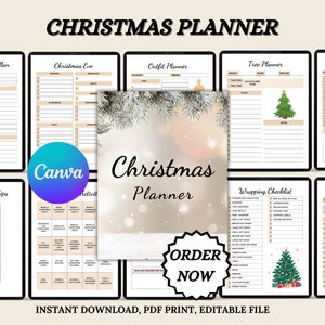 May include: A printable Christmas planner with a snowy background and a red starburst button that says "ORDER NOW". The planner includes sections for Christmas Eve, outfit planning, tree planning, daily plans, holiday tips, activities, wrapping checklist, and tree planning.