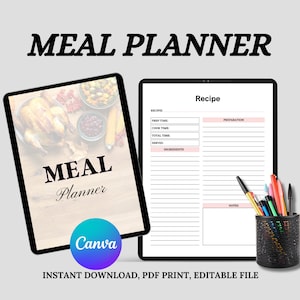 May include: A digital meal planner template on a tablet screen. The template has a section for recipe details, including prep time, cook time, total time, servings, ingredients, preparation, and notes. The template also has a cover page with a photo of a roasted turkey and the text "Meal Planner".