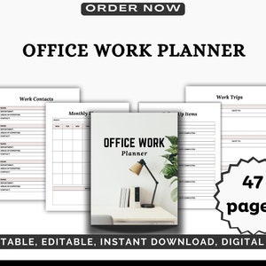 May include: A printable, editable, 47-page digital PDF office work planner. The cover features a desk with a lamp, books, and a plant. The planner includes sections for work contacts, monthly calendar, up items, and work trips.
