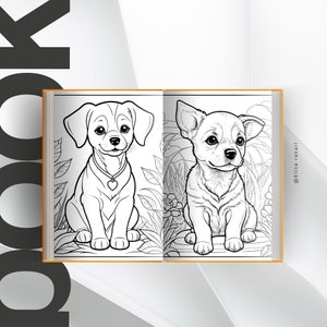 以下が含まれることがあります： 庭に座っているチワワとテリアの2匹の犬を描いた白黒の塗り絵ページ。ページが開いていて、両方の犬が見えるようになっています。