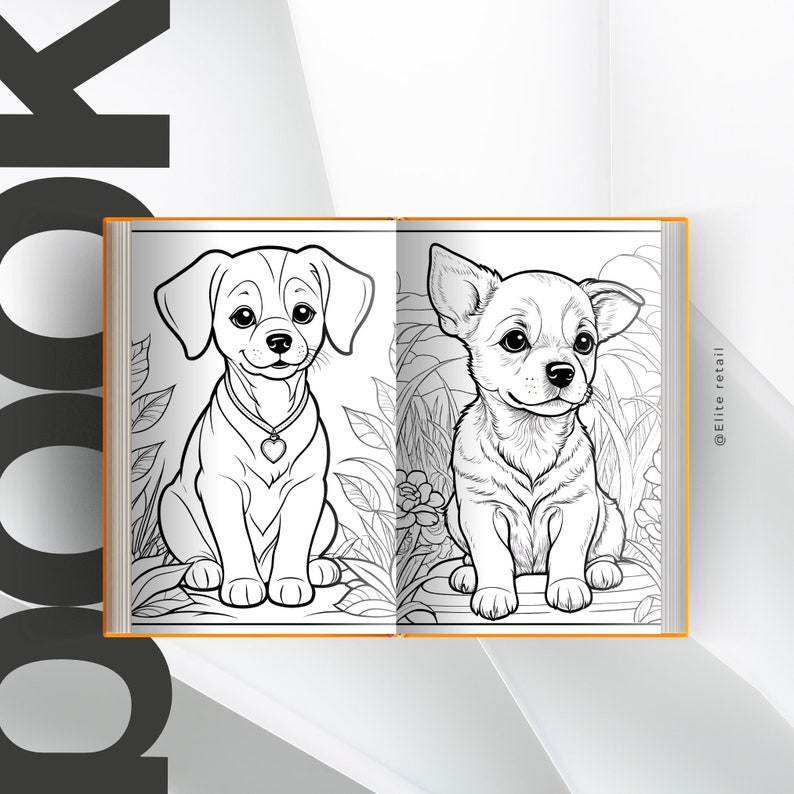 以下が含まれることがあります： 庭に座っているチワワとテリアの2匹の犬を描いた白黒の塗り絵ページ。ページが開いていて、両方の犬が見えるようになっています。