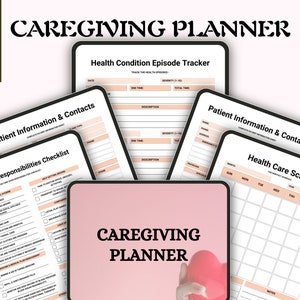 Puede incluir: Un planificador de cuidados imprimible en rosa y blanco con el título "Caregiving Planner" en texto negro. El planificador incluye secciones para la información del paciente, las responsabilidades del cuidador, el seguimiento de los episodios de salud y un calendario de atención médica.
