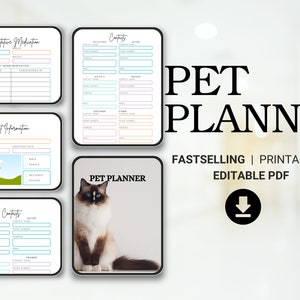 May include: A printable pet planner with a cute cat illustration. The planner includes sections for pet information, preventative medication, contacts, and vet visits. The planner is available as an editable PDF.