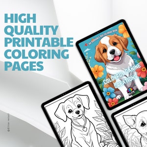 以下が含まれることがあります： 「カラフルな犬の創造」と「愛らしい犬のぬり絵」というテキストが書かれた、かわいい子犬が描かれた印刷可能なぬり絵の本です。