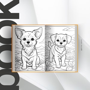 以下が含まれることがあります： 2匹の犬が描かれた白黒の塗り絵のページ。左側の犬はチワワ、右側の犬はラブラドールレトリバー。両方の犬は座って、見ている人を見ている。ページは茶色の枠で囲まれている。