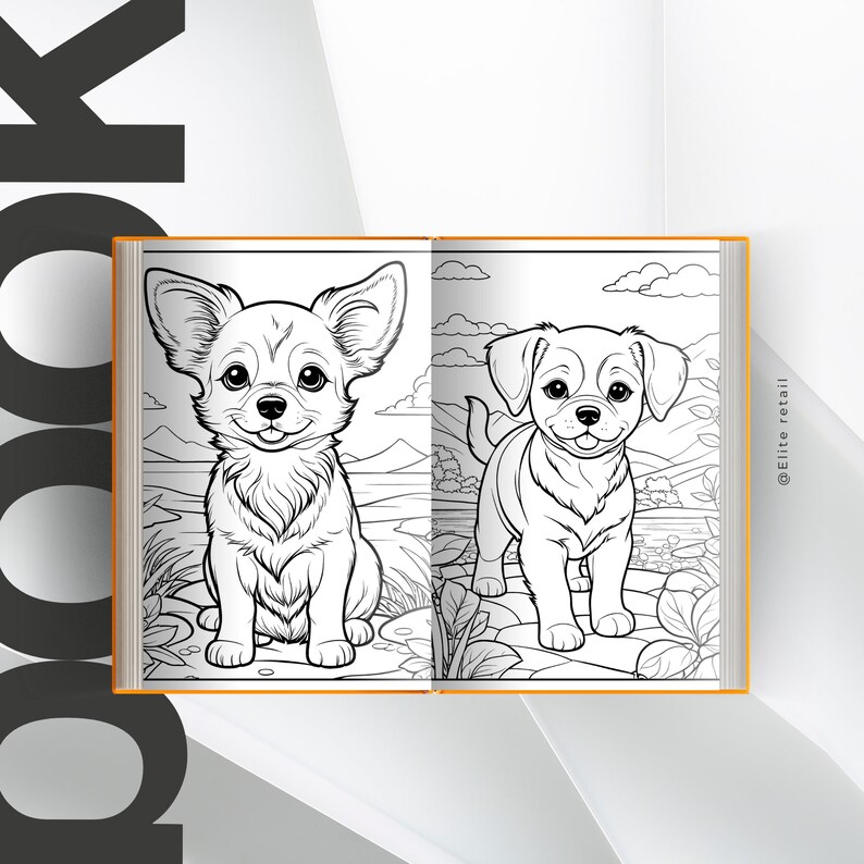 以下が含まれることがあります： 2匹の犬が描かれた白黒の塗り絵のページ。左側の犬はチワワ、右側の犬はラブラドールレトリバー。両方の犬は座って、見ている人を見ている。ページは茶色の枠で囲まれている。