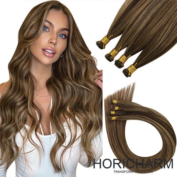 Horicharm Hand Tied Wefts Extensions 100% Virgin Human Hair Balayage Brown to Blonde #BM