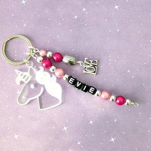 Personalised unicorn bag charm, keyring with name, custom beaded backpack charm, two tone pink, fun unicorn purse charm, back to school