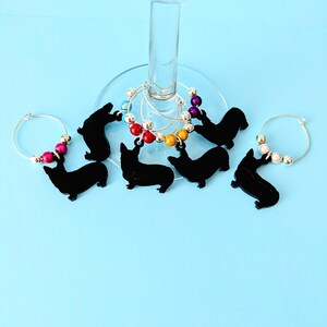 Corgi Wine Glass Charms, Black Acrylic Dog Drink Markers, Set of 6