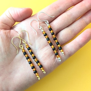 Handmade Black & Orange Beaded Earrings, Lightweight Silver / Gold Plated Wire Hook Earrings, Simple Glass Seed Bead Jewellery