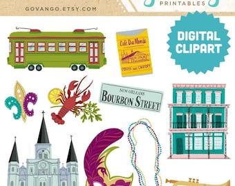 NUEVA ORLEANS Clipart digital Descarga instantánea Ilustración Clip Art Ciudad Luisiana Mardi Gras Cajun Jazz Bourbon Viajes Viaje por carretera