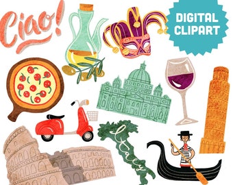 ITALY Digital Clipart Instant Download Illustration Watercolor Italian Vacation Travel World Florence Pisa Colosseum Basilica Gondola Sicily