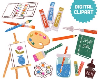 ART SUPPLIES Digital Clipart Instant Download Illustration Clip Art Watercolor Paintbrush Artist Studio Craft Palette Paint Sketch School