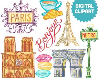 PARIS Digital Clipart Instant Télécharger Illustration France Voyage Bonjour Parisian Tour Eiffel Français Macarons Notre Dame Clip Art