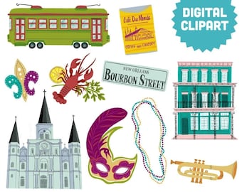 NEW ORLEANS Digital Clipart Instant Download Illustration Clip Art City Louisiana Mardi Gras Cajun Jazz Bourbon Travel Roadtrip