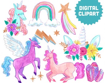 MAGICAL UNICORNS Digital Clipart Instant Download Illustration Clip Art Watercolor Pegasus Horse Pony Magic Rainbow Floral Star Gold Gem