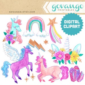 MAGICAL UNICORNS Digital Clipart Instant Download Illustration Clip Art Watercolor Pegasus Horse Pony Magic Rainbow Floral Star Gold Gem