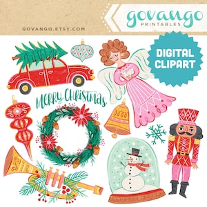 Weihnachtszeit digitale Clipart Sofortiger Download Illustration Clip Art Urlaub Nussknacker Kranz Engel Baum Schneemann Schneekugel Trompete Glocke
