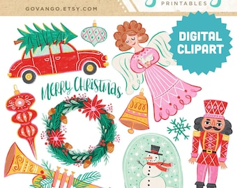 CHRISTMAS TIME Digital Clipart Instant Download Illustration Clip Art Holidays Nutcracker Wreath Angel Tree Snowman Snowglobe Trumpet Bell