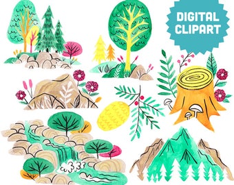 FOREST SCENERY Digital Clipart Instant Download Illustration Watercolor Camping Woods Forest Trees Nature Wilderness Park Mountains River