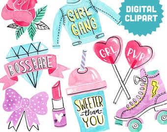 GRL PWR Digital Clipart Instant Download Illustration Collage Ephemera Commercial Watercolor Art Girl Power Feminist Women Girl Gang Lady