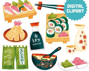 SUSHI NIGHT Digital Clipart Instant Download Illustration Clip Art Watercolor Food Japanese Nigiri Soy Sauce Miso Foodie Asian Culture Sake