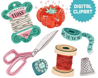 SEWING NOTIONS Digital Clipart Instant Download Illustration Craft Needlework Scissors Thread Fashion Retro Vintage Antique Spool Stock Art