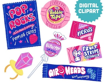 90s CANDY Digital Clipart Instant Download Illustration Clip Art Commercial Use Gum Sweets Candies Nostalgia Sugar Lollipop Taffy Confection