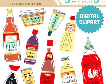 ASIAN SEASONINGS Digital Clipart Instant Download Illustration Watercolor Vietnamese Japanese Sauces Miso Sriracha Soy Fish Oyster Cooking