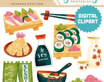 SUSHI NIGHT Digital Clipart Instant Download Illustration Clip Art Watercolor Food Japanese Nigiri Soy Sauce Miso Foodie Asian Culture Sake