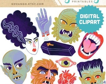 VINTAGE HORROR digitale Clipart Sofort-Download Illustration Kunst druckbare Vampir Classic Monster Werwolf Kreatur Lagune Frankenstein