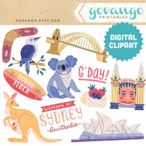 SYDNEY AUSTRALIE Clipart numérique Téléchargement instantané Illustration Opera House Koala Kangourou Kookaburra Boomerang Bondi Beach Luna Park Travel