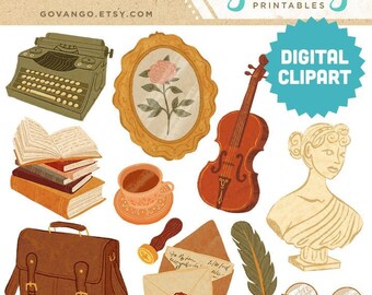 DARK Academie digitale Clipart sofortiger Download Illustration Clip Art kommerzielle Nutzung Schreibmaschine Kaffee Bücher Vintage Ästhetik Cottagecore