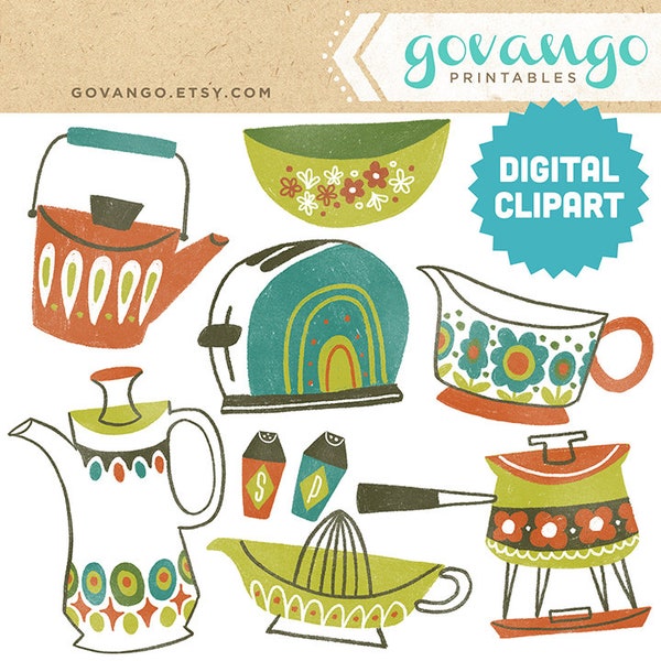 VINTAGE COOKWARE Digital Clipart Instant Download Illustration Collage Ephemera Commercial Retro Midcentury Mod Kitchen Cooking 50s 60s Art