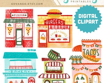 SÜßE FOOD SHOPS digitale Clipart sofortiger Download Illustration kommerzielle Clip Art Aquarell Schaufenster Shop Restaurant Bäckerei Pizzeria Cafe