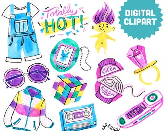 90s Digital Clipart Instant Download Illustration Watercolor Retro Party Teen Pop Culture Tamagotchi Troll Fashion Clip Art Windbreaker