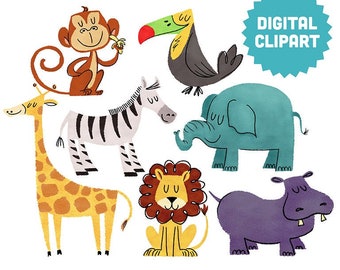 SAFARI ANIMALS Digital Clipart Instant Download Animals Zoo Giraffe Hippo Lion Zebra Monkey Toucan Wildlife Illustration Cartoon Clip Art