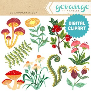 FOREST FLORA digitale clipart Instant Download bloemen madeliefje paddestoel varen gouache schilderij illustratie artwork afdrukbare collage botanisch