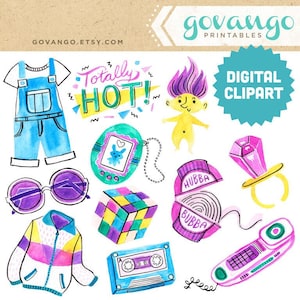 Clipart digitale anni '90 Download immediato Illustrazione Acquerello Retro Festa Teen Pop Culture Tamagotchi Troll Moda Clip Art Giacca a vento