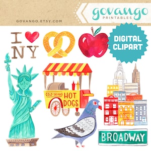 NEW YORK CITY Digital Clipart Instant Download Illustration Big Apple Pigeon Statue of Liberty nyc Broadway Downtown Manhattan Clip Art