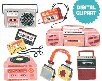 80s RETRO MUSIC Digital Clipart Instant Download Illustration Graphics Ephemera Cassette Tape Headphones Vintage Boombox Electronics Record