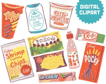 ASIAN SNACKS Digital Clipart Instant Download Illustration Clip Art Watercolor Japanese Pocky Ramune YanYan Food Cup Noodle Ramen Candy