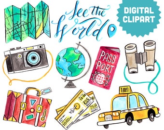 TRAVEL Digital Clipart Instant Download Illustration Watercolor Journey Adventure Vacation Camera Wanderlust Passport Airplane Globe World