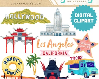 LOS ANGELES Digital Clipart Instant Download Illustration Graphics Ephemera Commercial Watercolor LA City Travel California Hollywood Sunset