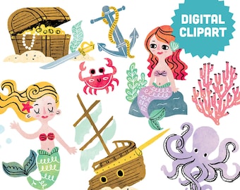 MERMAID Digital Clipart Instant Download Illustration Commercial Us Clip Art Watercolor Party Ocean Under the Sea Crab Anchor Ship Pirate