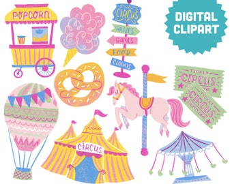 PASTEL CARNIVAL Digital Clipart Instant Download Illustration Clip Art Watercolor Handpainted Circus Popcorn Hot Air Balloon Festival Fair