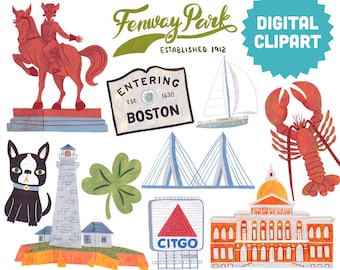 BOSTON Digital Clipart Instant Download Illustration Travel Massachusetts North America Clover Lighthouse State Fenway Park Lobster Citgo